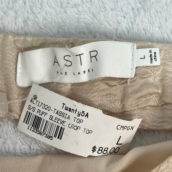 ASTR The Label Tassia Jacquard Puff Sleeve Tie Back Champagne Top SZ L NWT Chic - Picture 9 of 15
